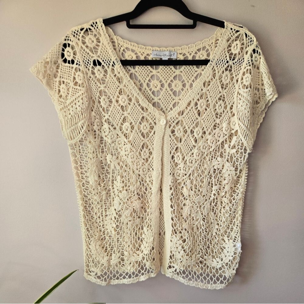 KEREN hart Ivory Crochet Knit Vest Cardigan Boho Cottagecore Medium